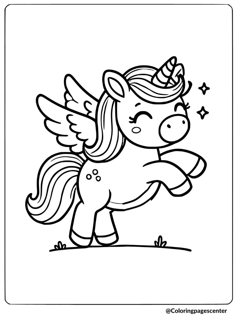 Easy unicorn coloring page with a winged unicorn jumping