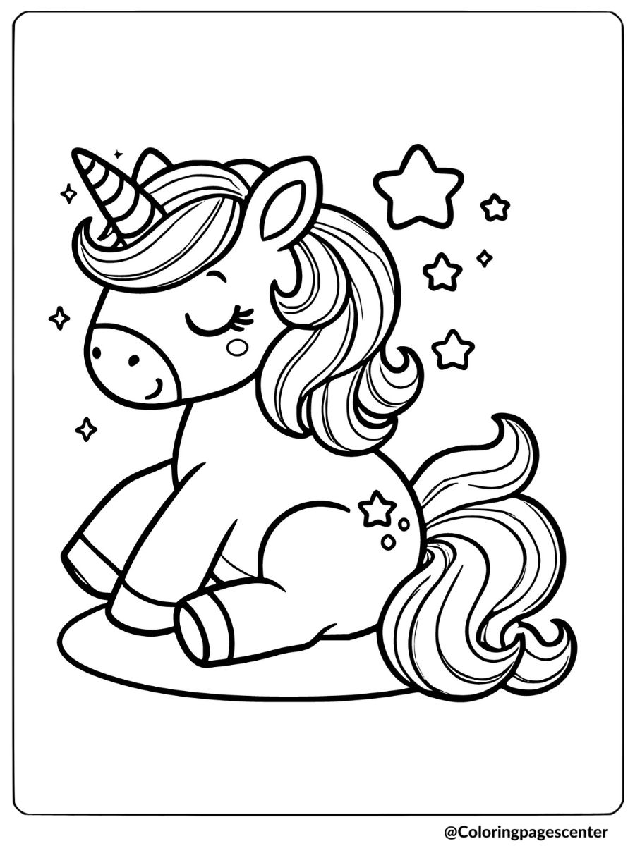 Easy unicorn coloring page of a unicorn sitting surrounded by stars