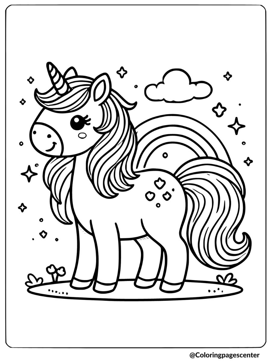 Easy unicorn coloring page with a unicorn and rainbow backdrop