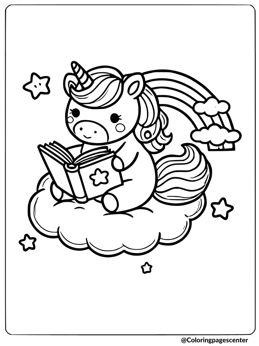 Easy unicorn coloring page featuring a unicorn reading