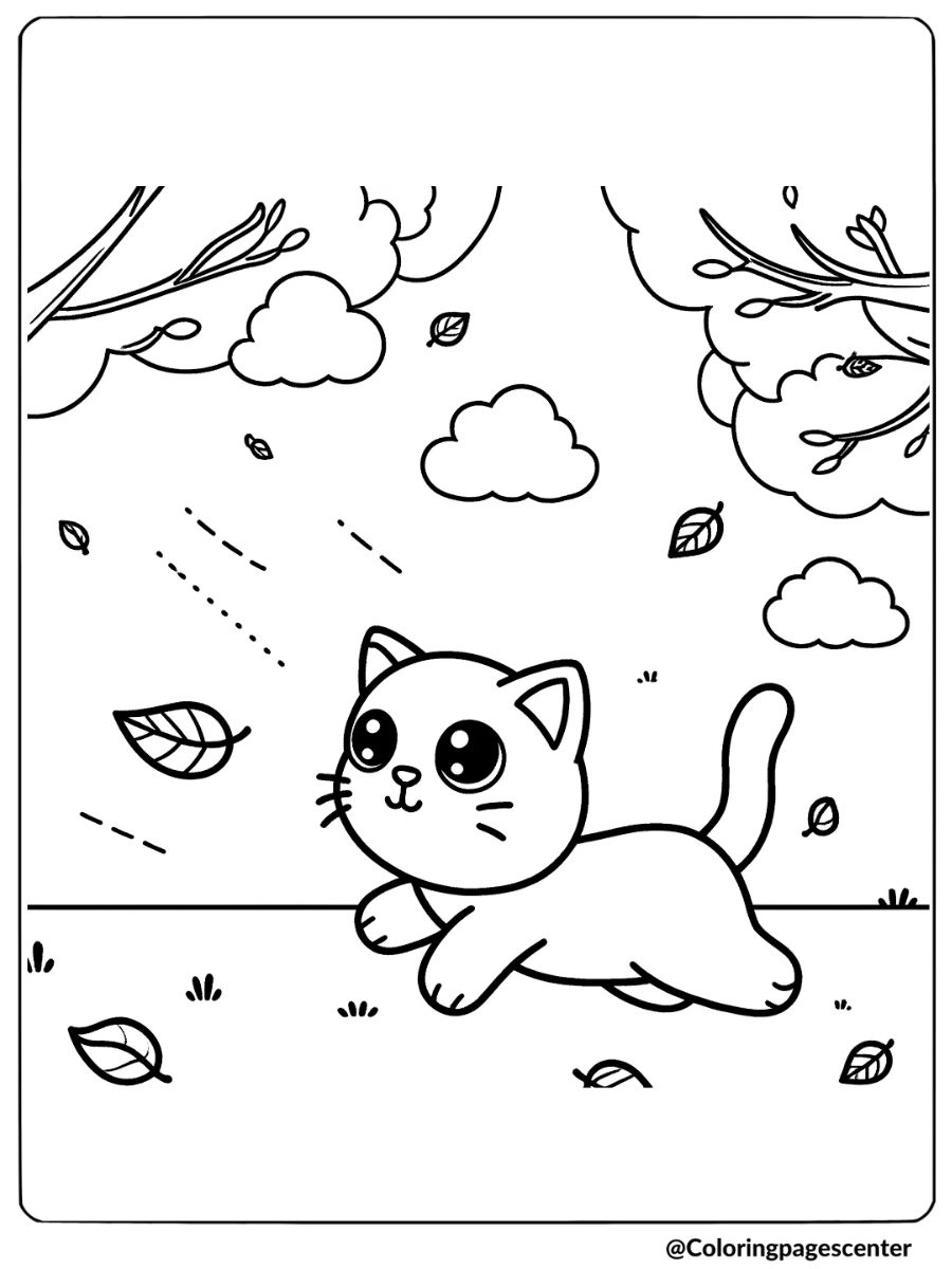 Fall cat chasing leaves being blown by the wind coloring page