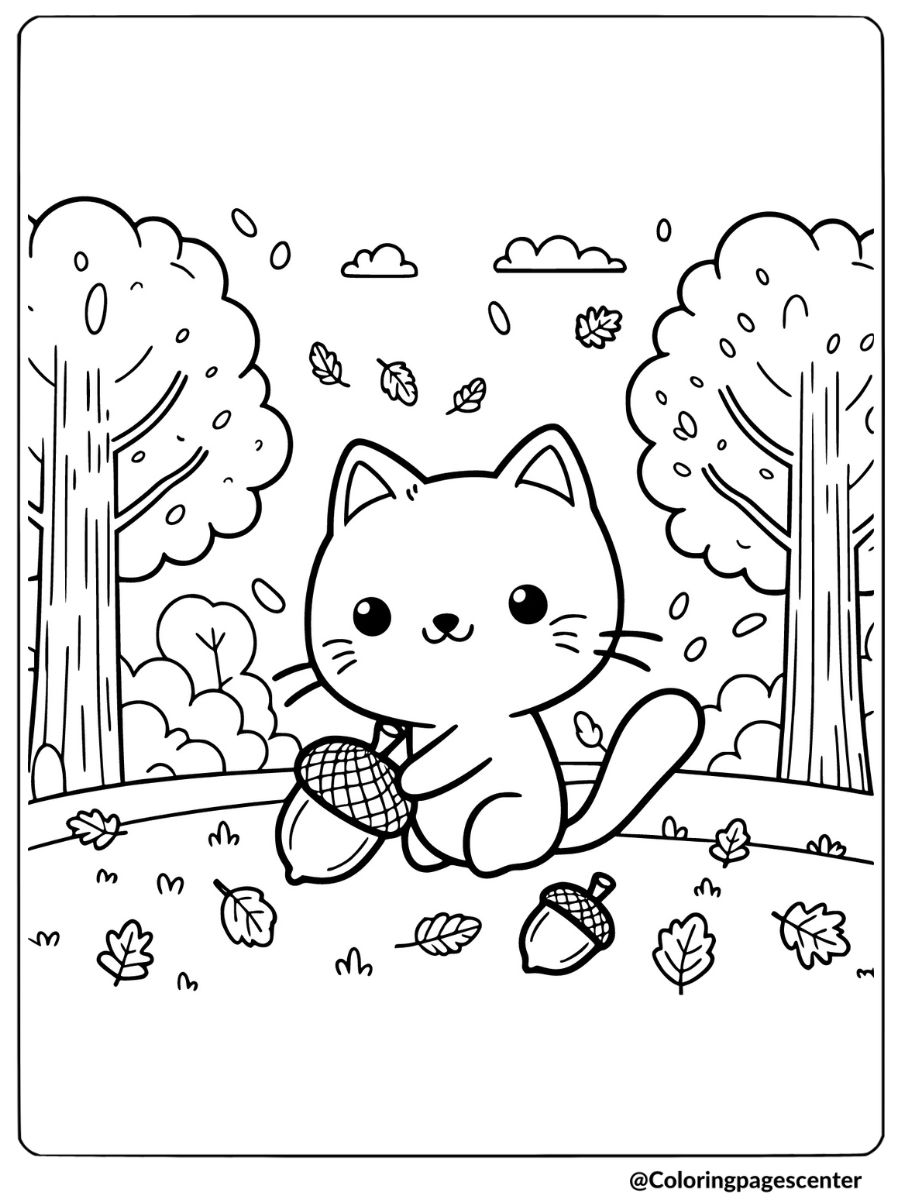 Fall cat holding acorns coloring page