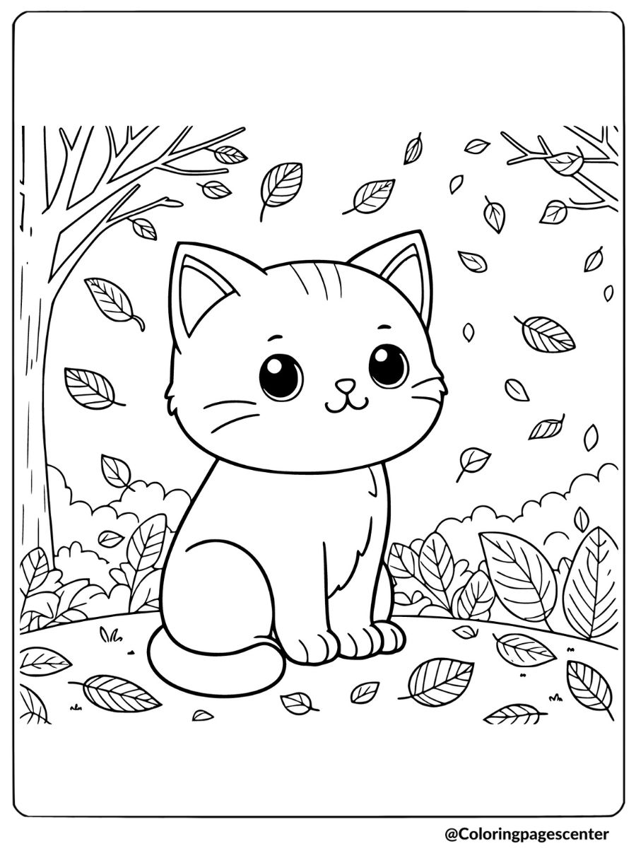 Fall cat with falling leaves coloring page