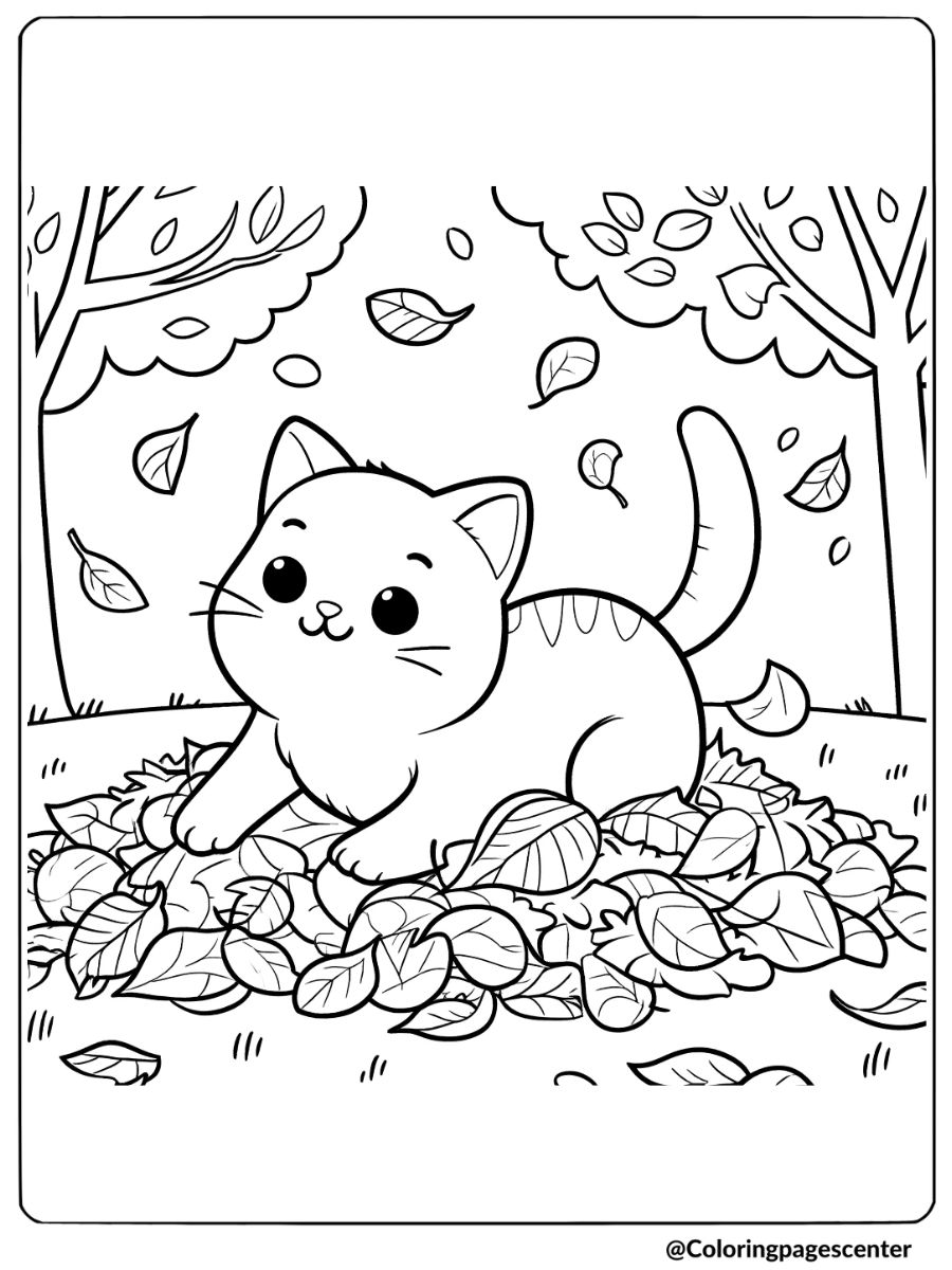 Fall cat in the midst of a pile of leaves coloring page