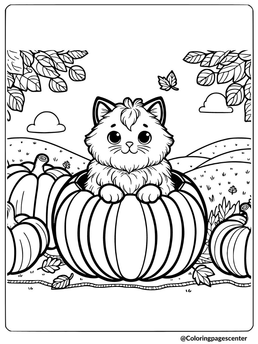 Fall cat inside a large hollowed-out pumpkin coloring page