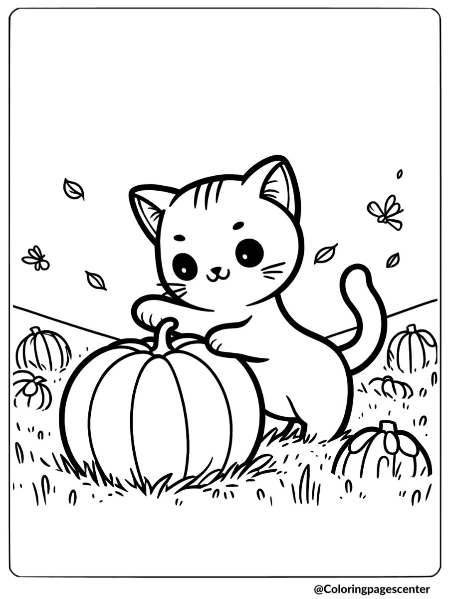 Fall cat interacting with a large pumpkin coloring page