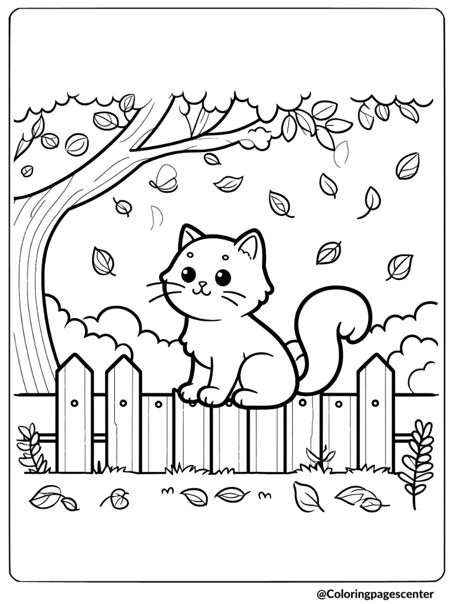 Fall cat perched on a wooden fence coloring page