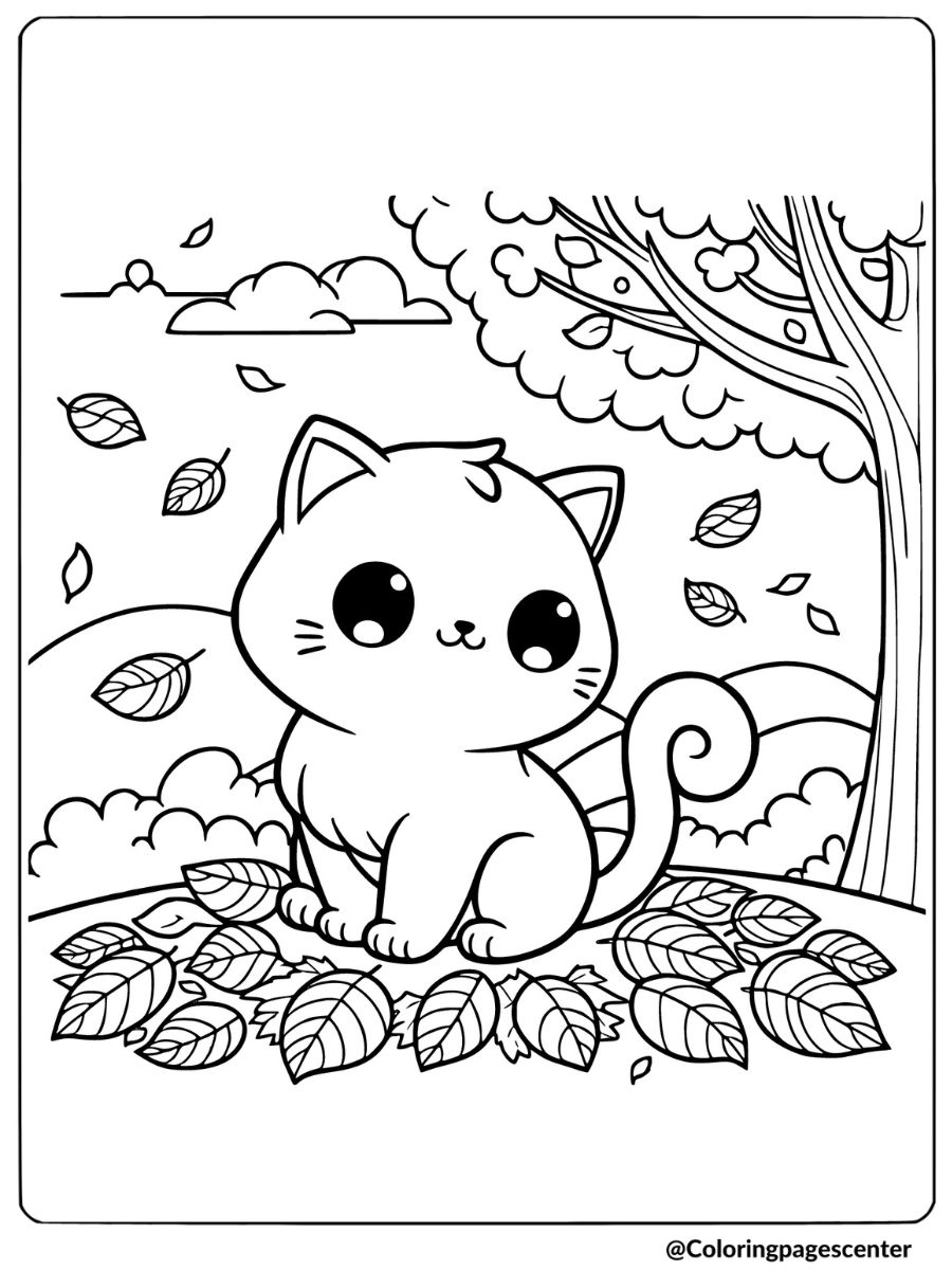 Fall cat sitting on a pile of fallen leaves coloring page