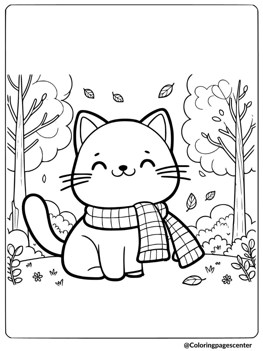 Fall cat wearing a cozy scarf coloring page