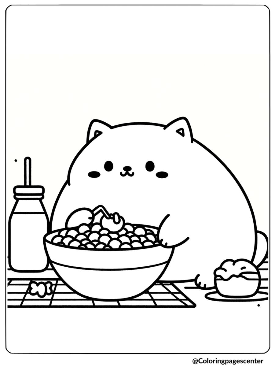 Fat cat eating cereal coloring page