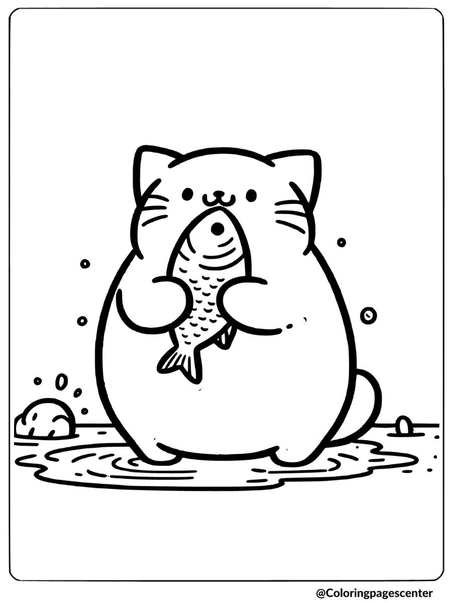 Fat cat with fish coloring page