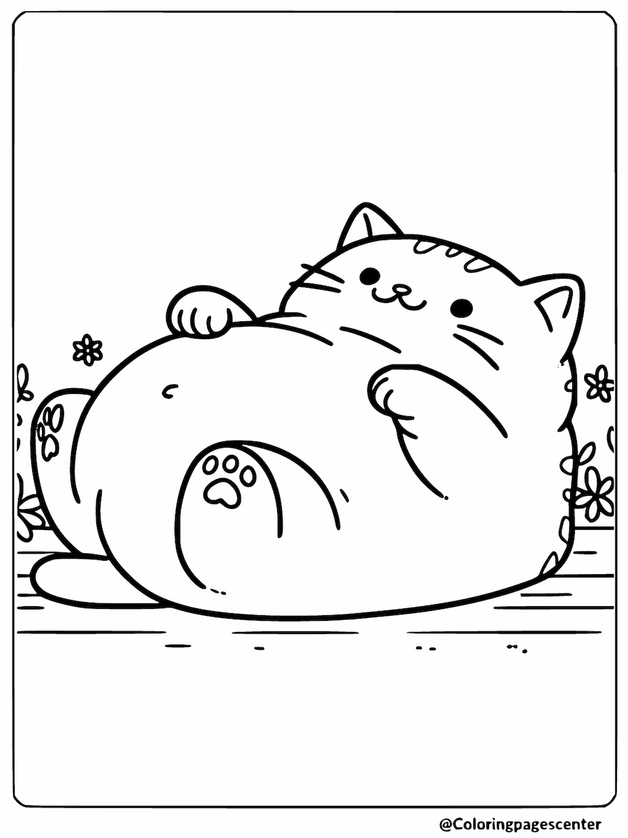 Fat cat lying on its back coloring page