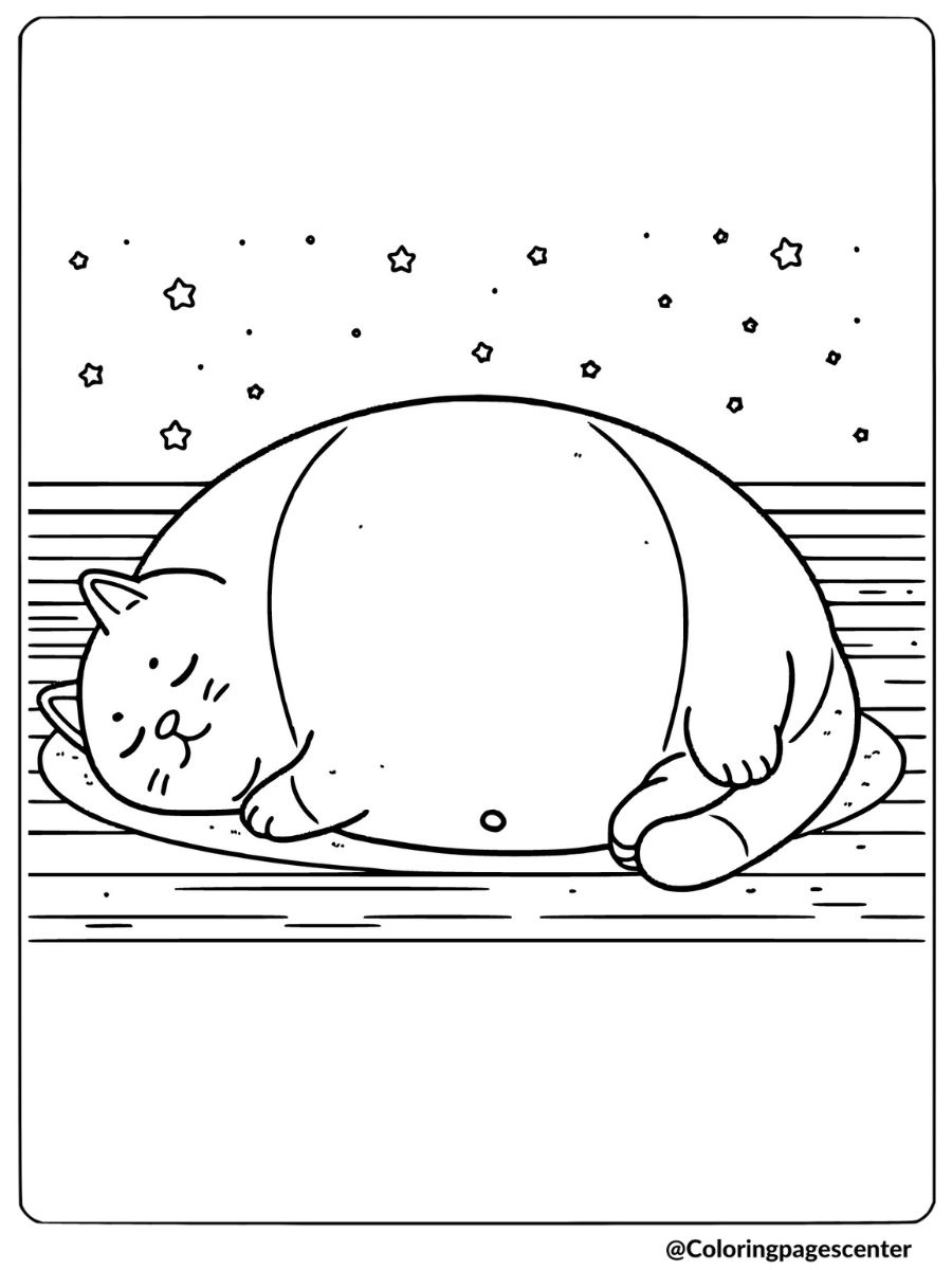 Fat cat sleeping under stars coloring page