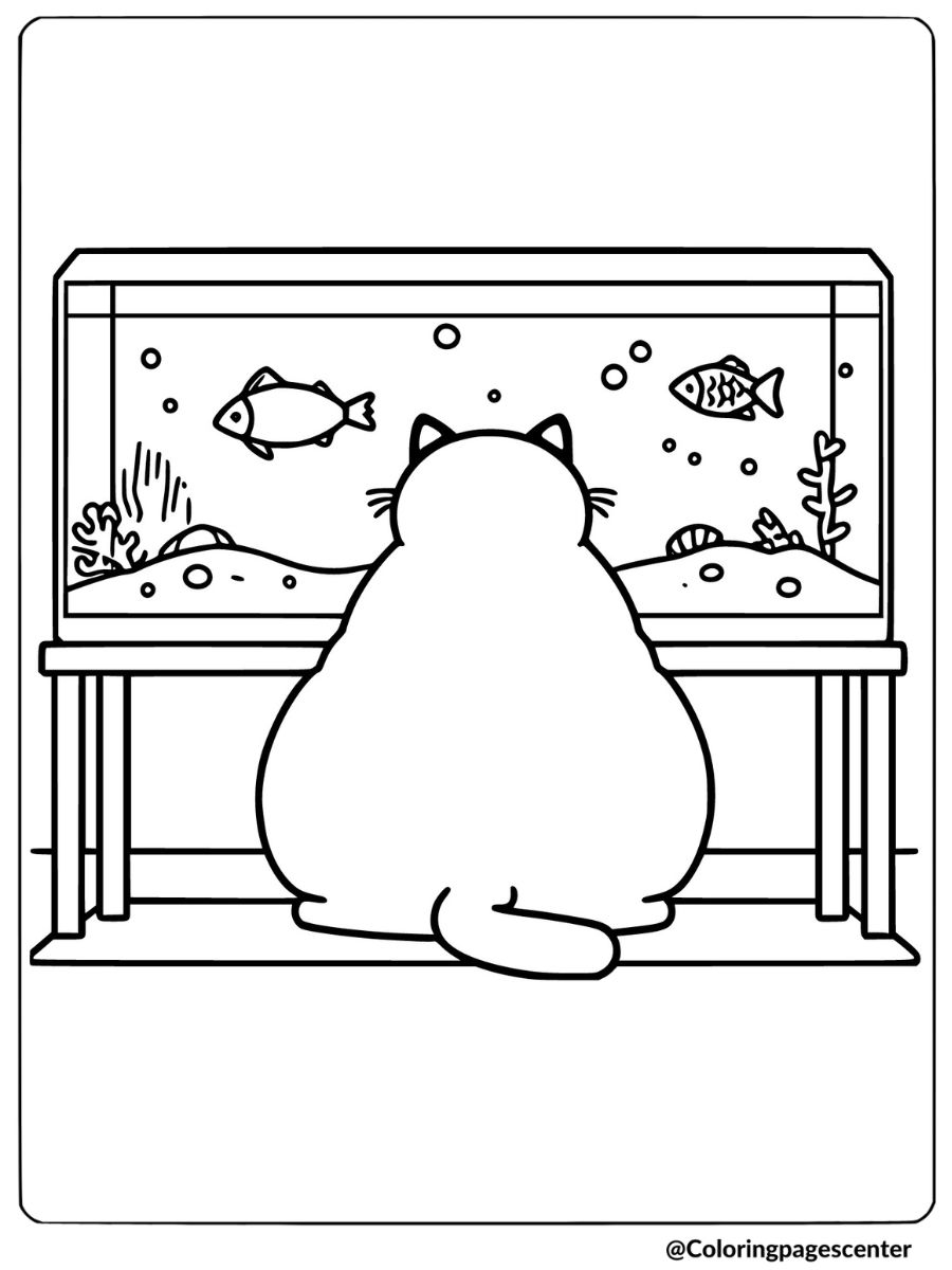 Fat cat watching fish tank coloring page