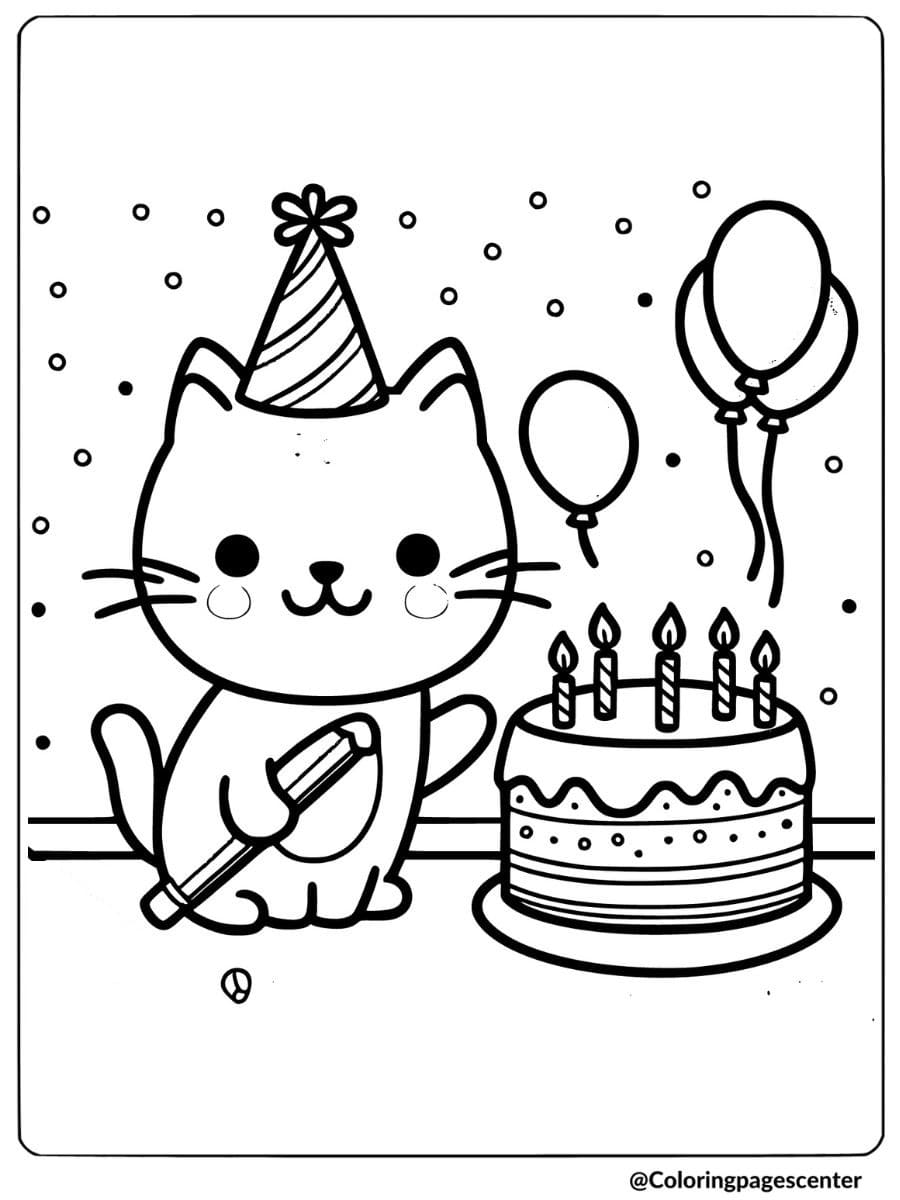 Funny cat birthday party coloring page 