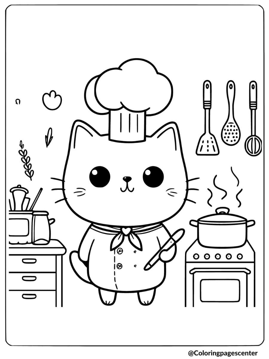 Funny chef cat cooking coloring page