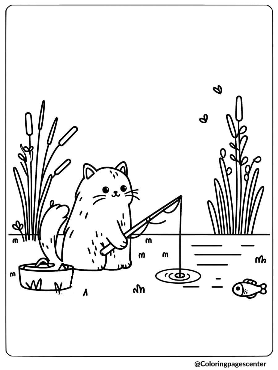 Funny cat going fishing coloring page