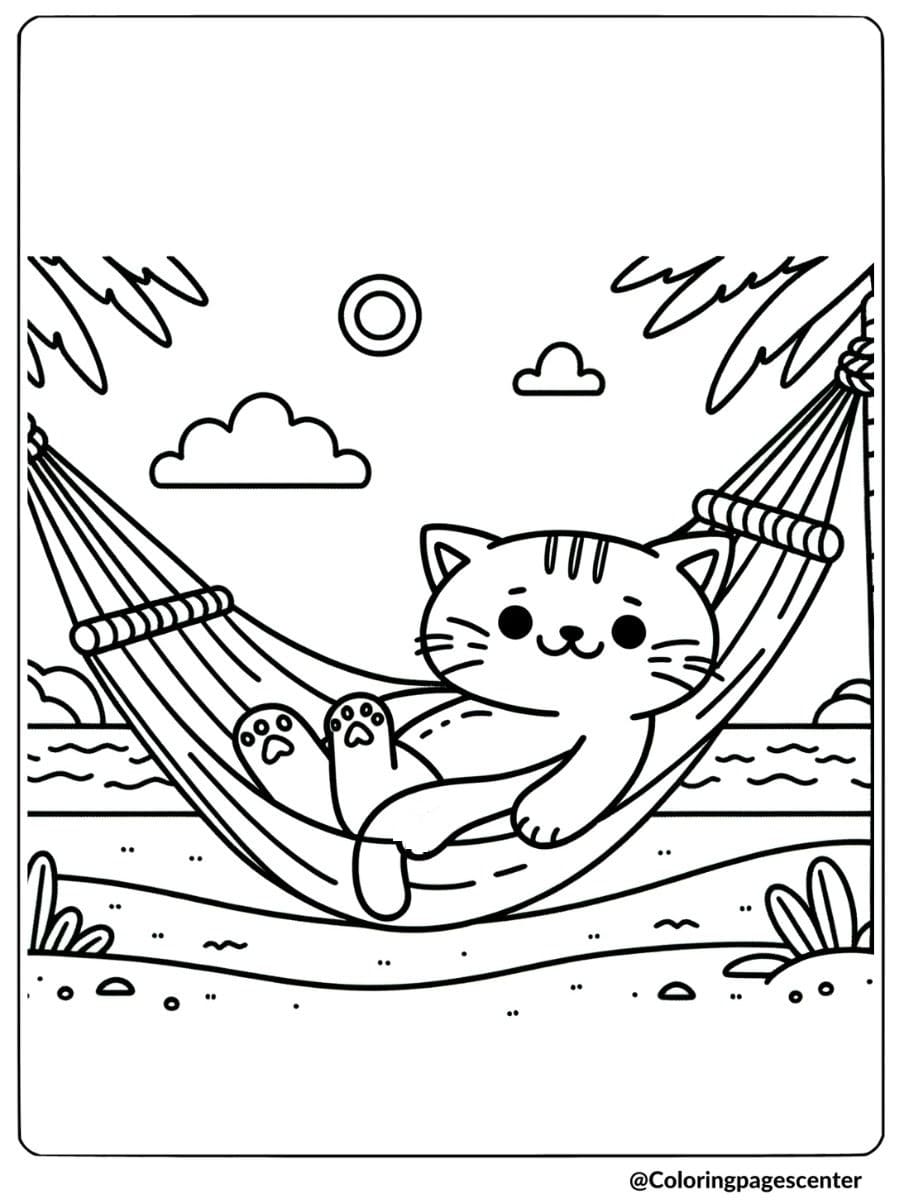 Funny cat in hammock coloring page