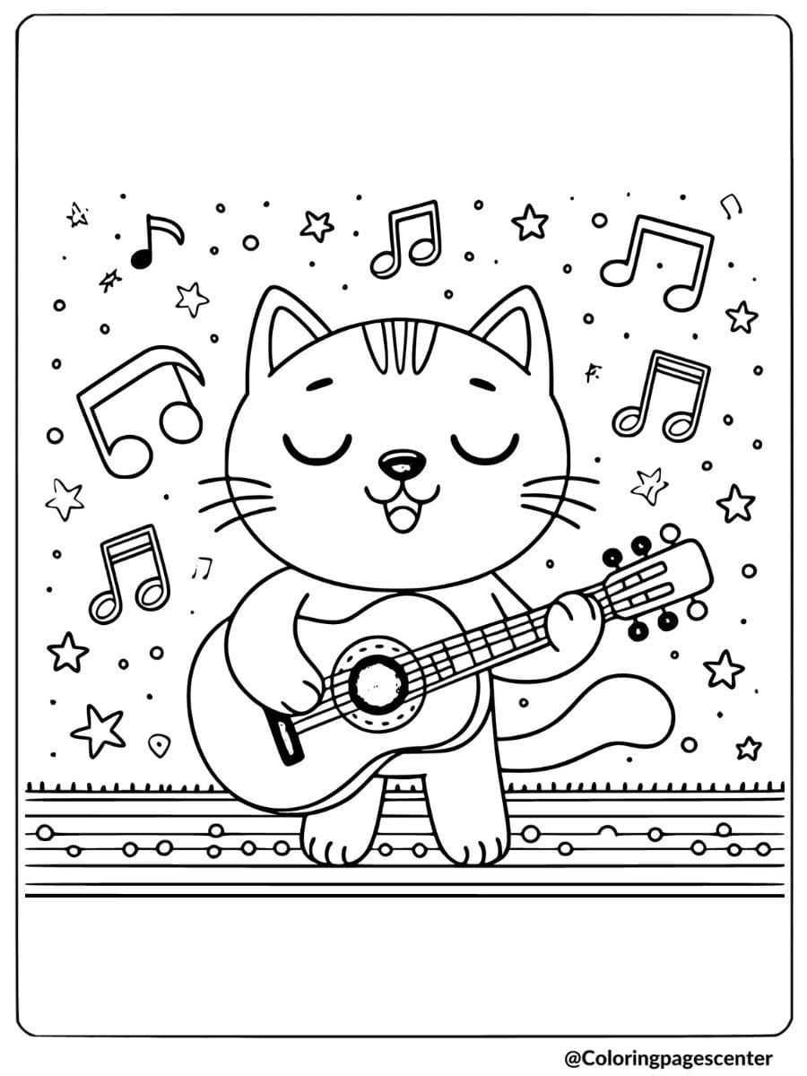 Funny cat playing guitar coloring page