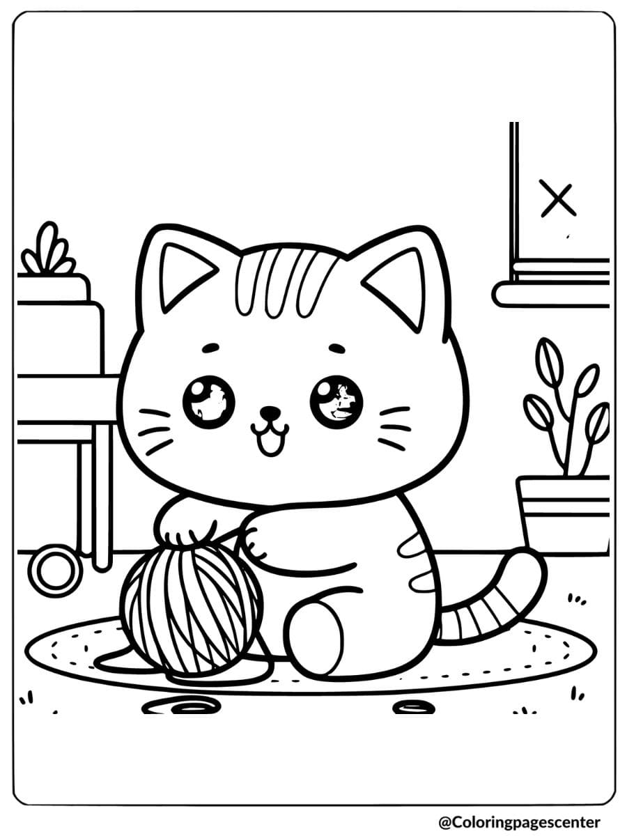 Funny cat playing with yarn coloring page