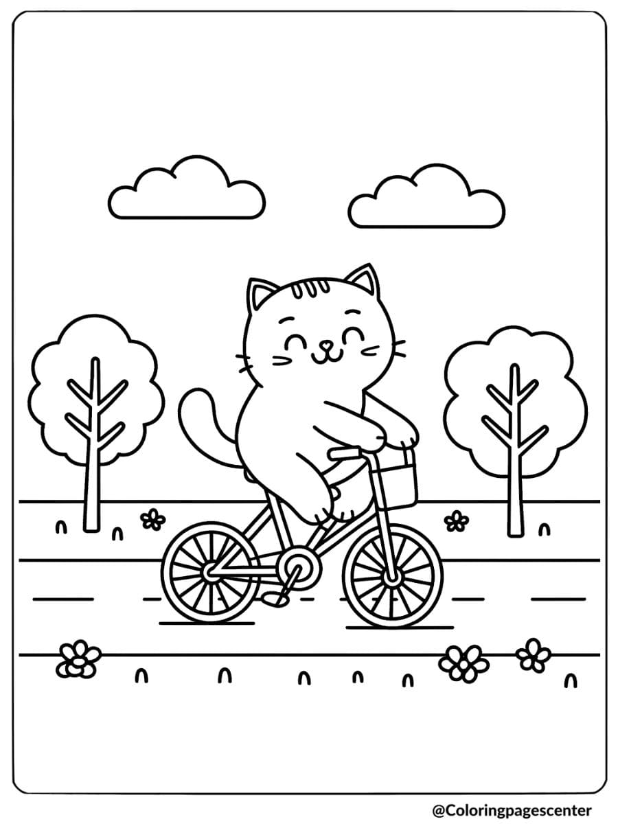 Funny cat on bicycle coloring page