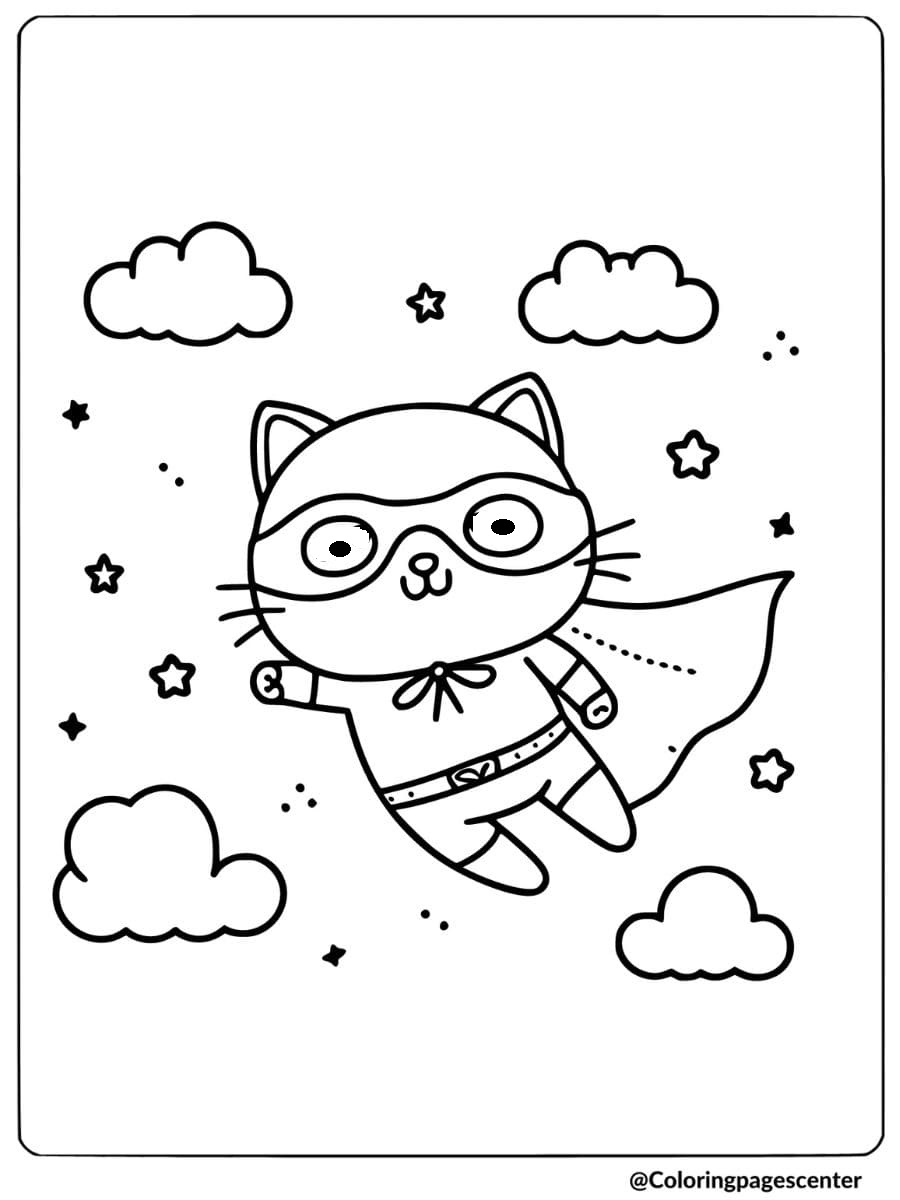 Funny superhero cat in the sky coloring page