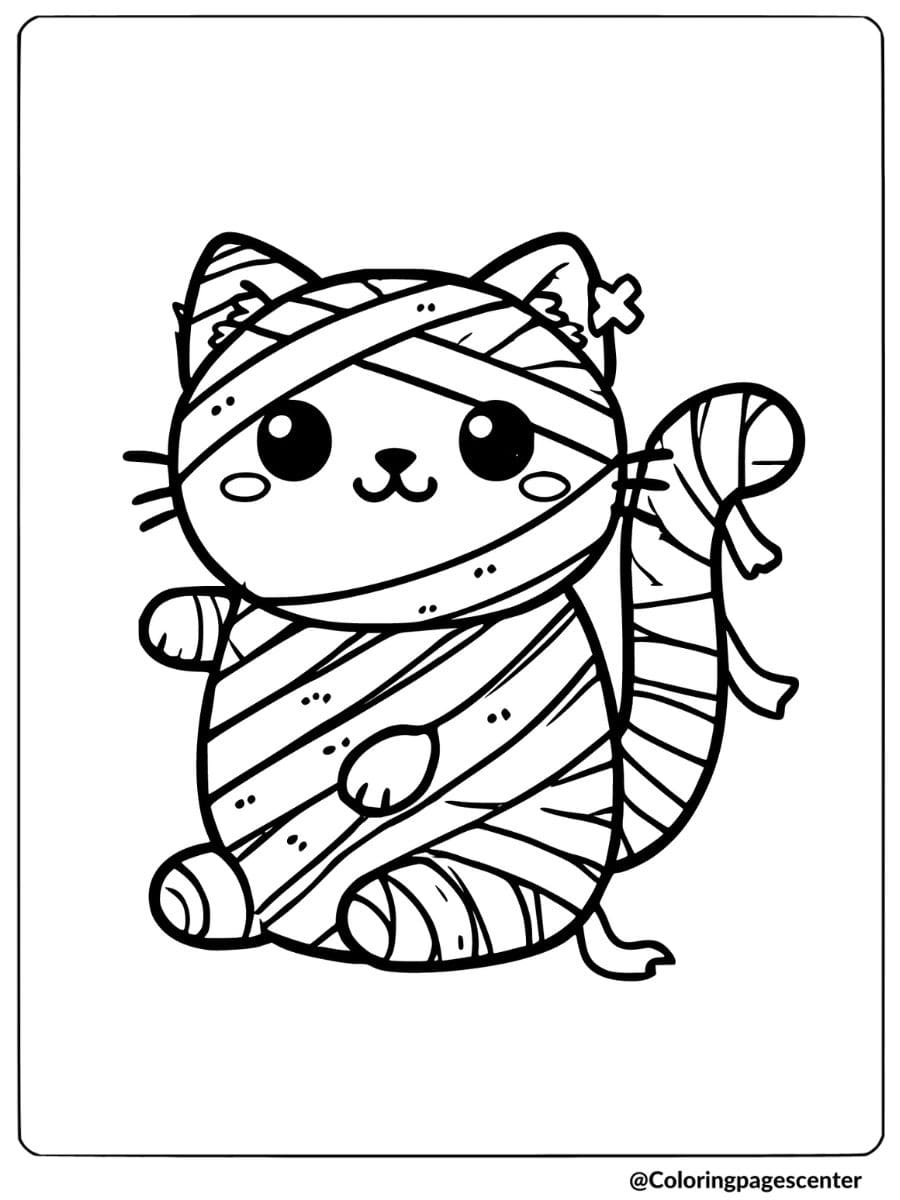 Coloring page of a Halloween cat dressed as a mummy