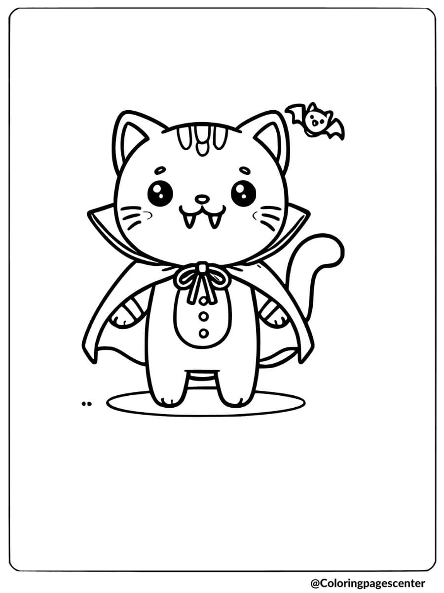 Coloring page of a Halloween cat dressing as vampire