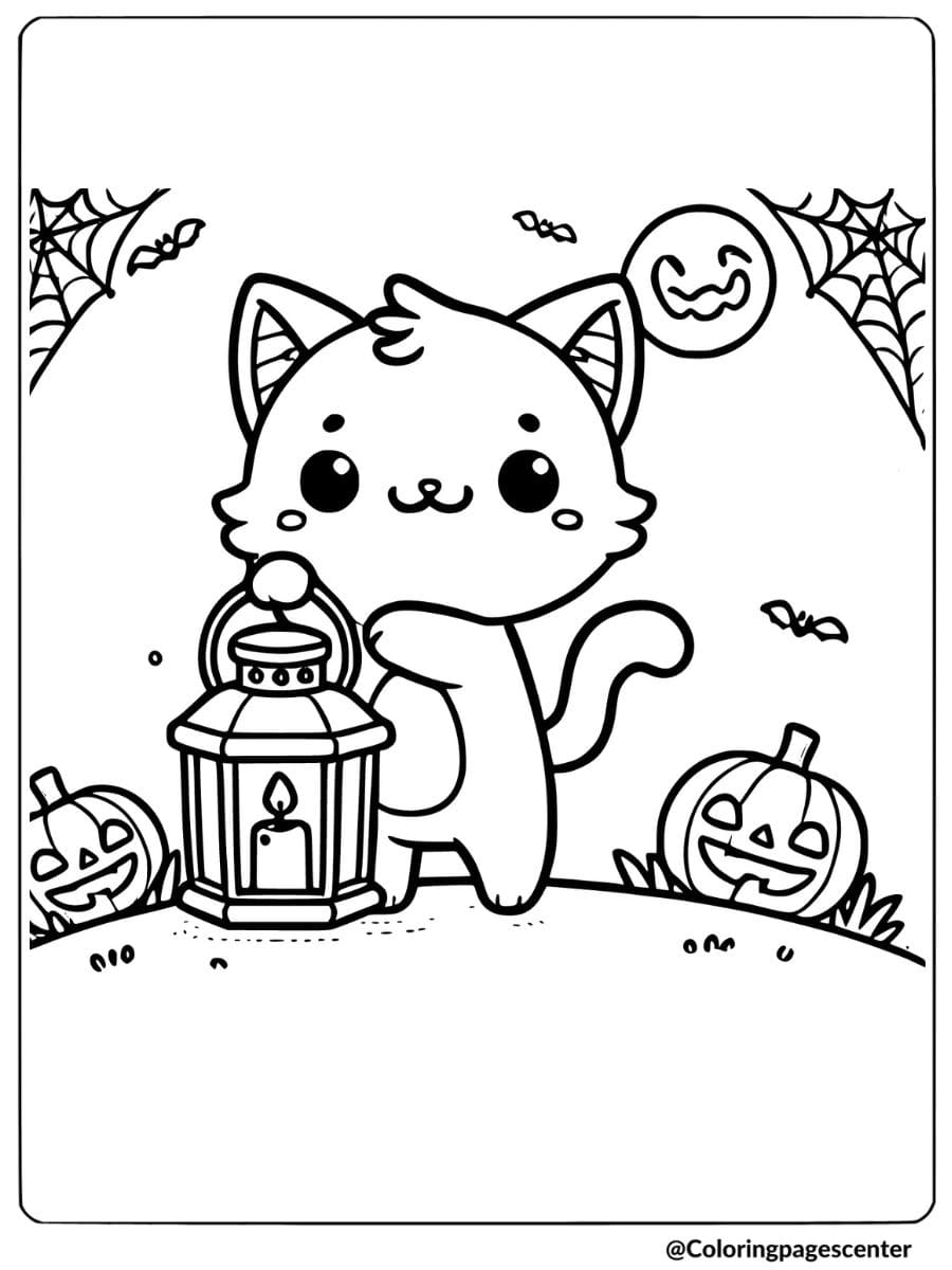 Coloring page of a Halloween cat holding a lantern