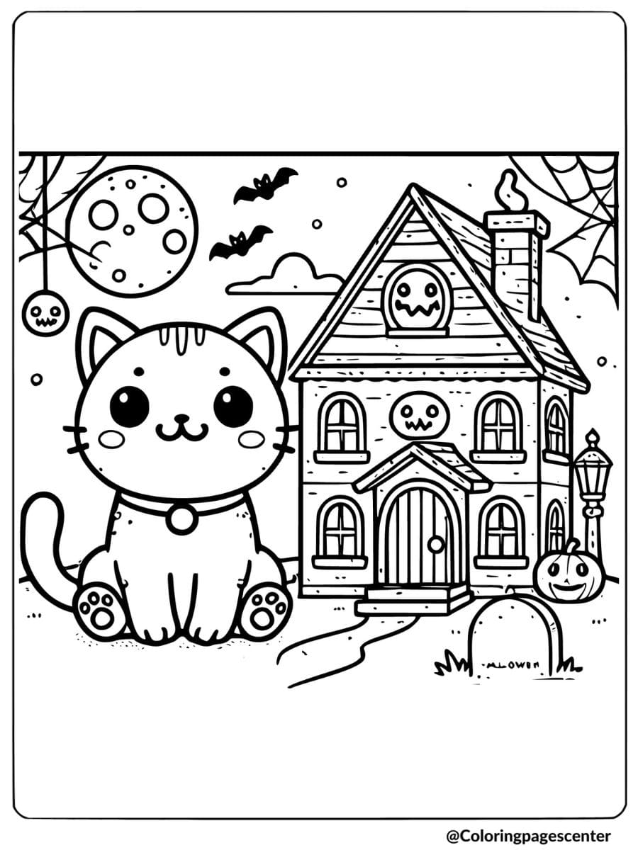 Coloring page of a halloween cat in haunted house 