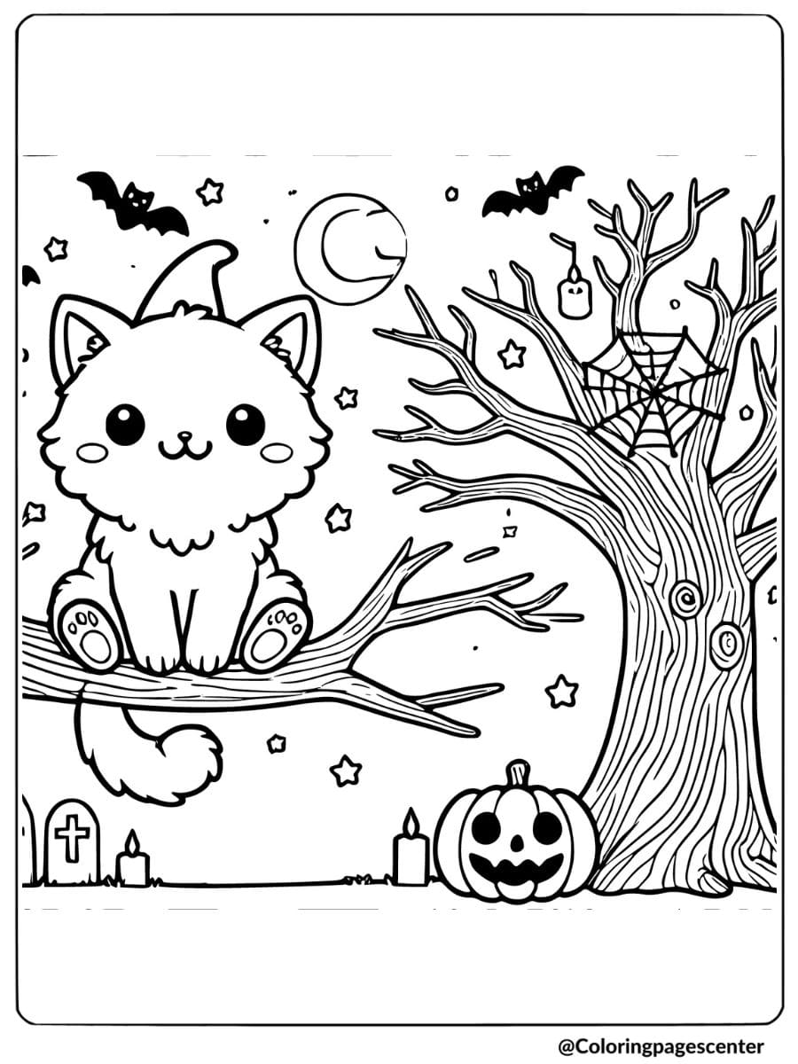 Coloring page of a halloween cat on spooky tree 