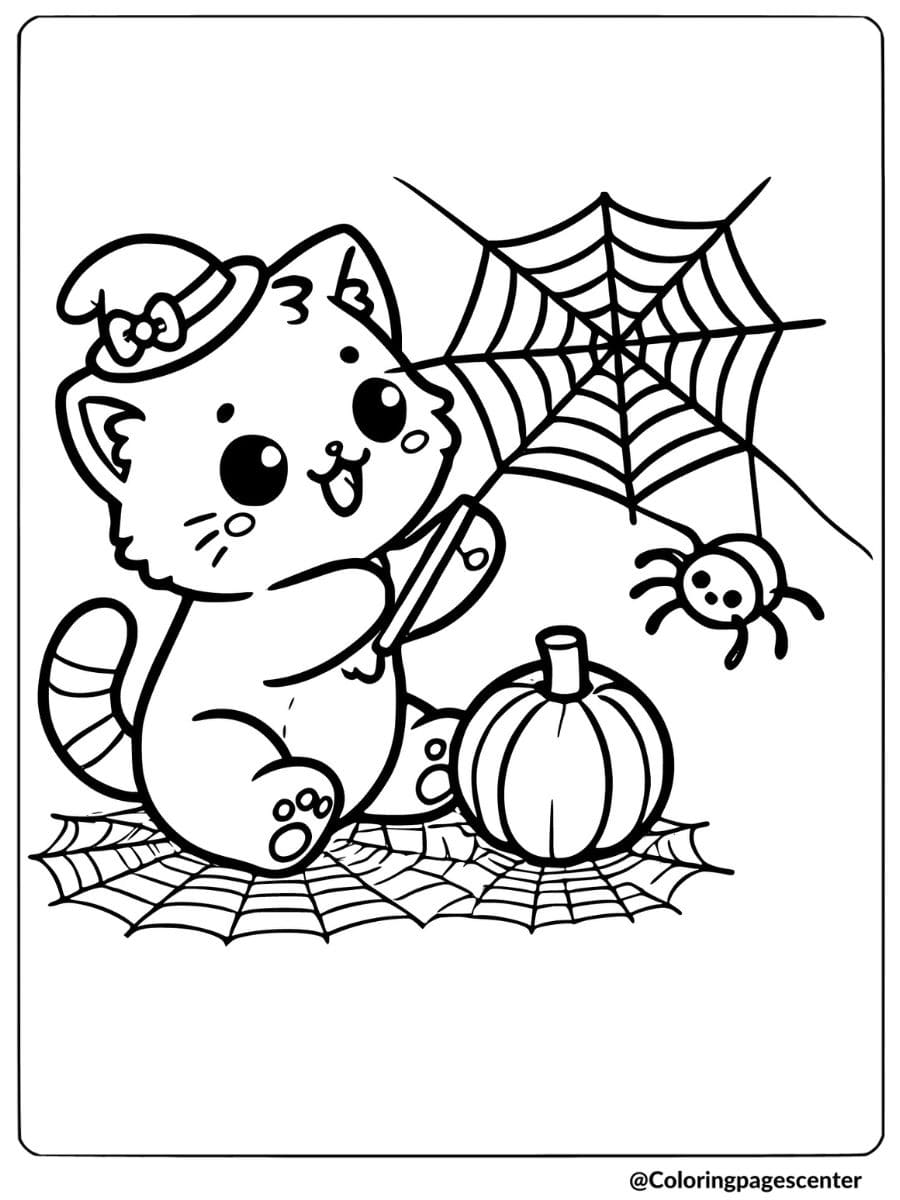 Coloring page of a halloween cat playing with spider web 