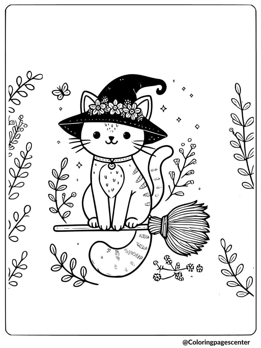 Halloween cat wearing witch hat coloring page