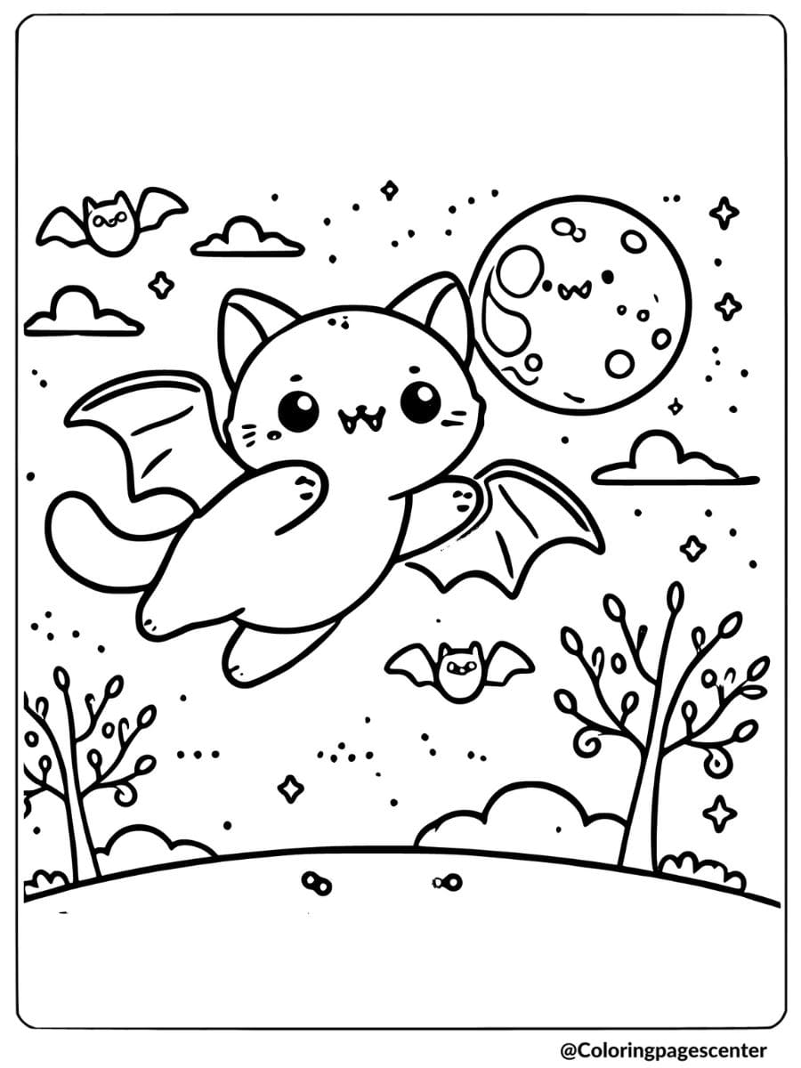 Coloring page of a halloween cat with bat wings 