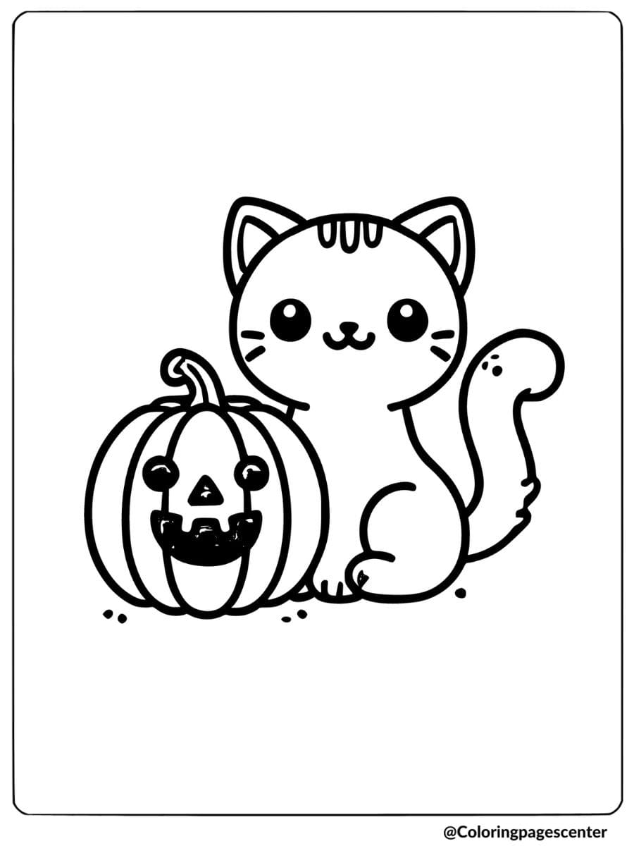 Coloring page of a halloween cat with carved pumpkin 