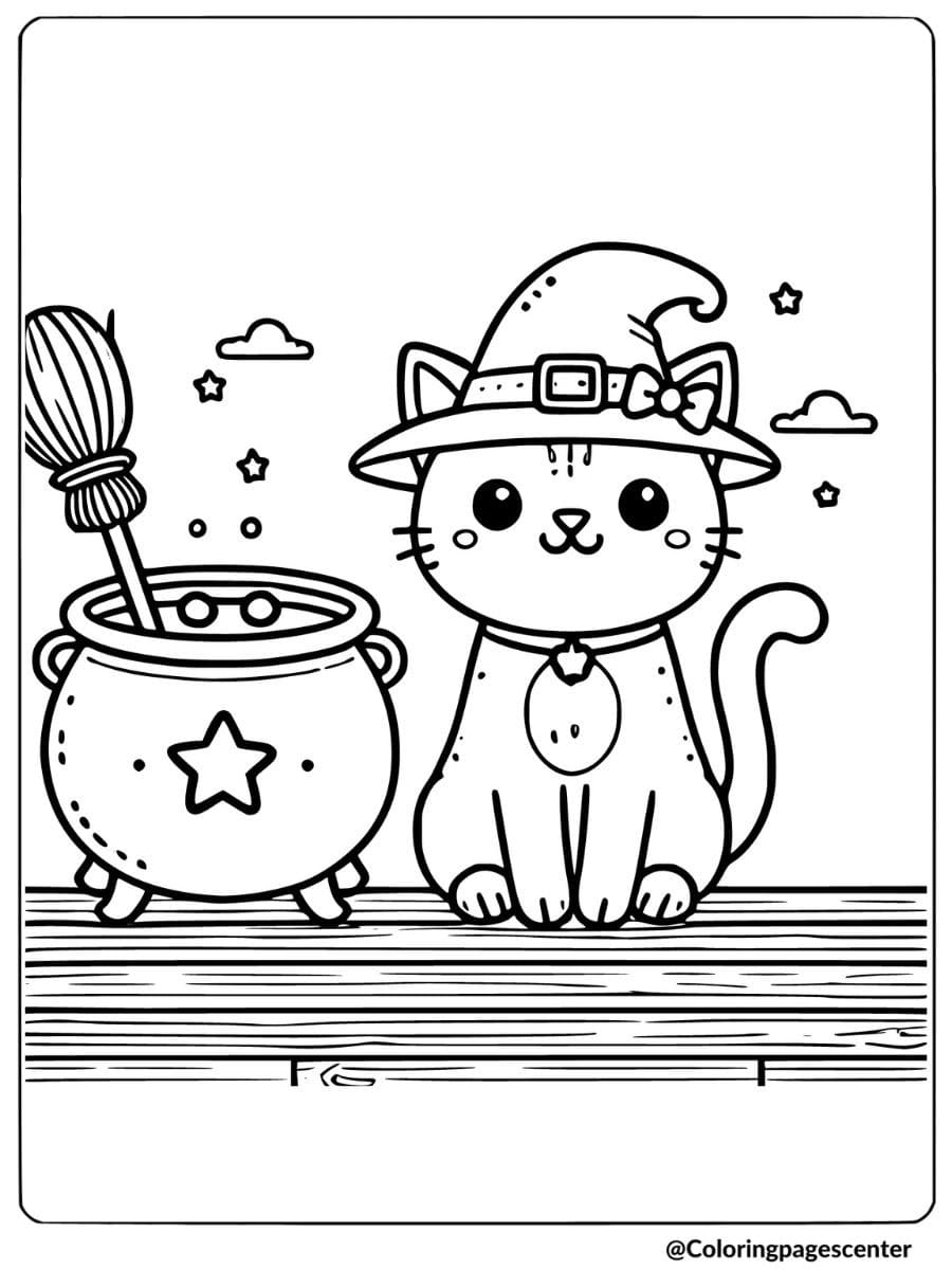 Halloween cat with witches cauldron coloring page