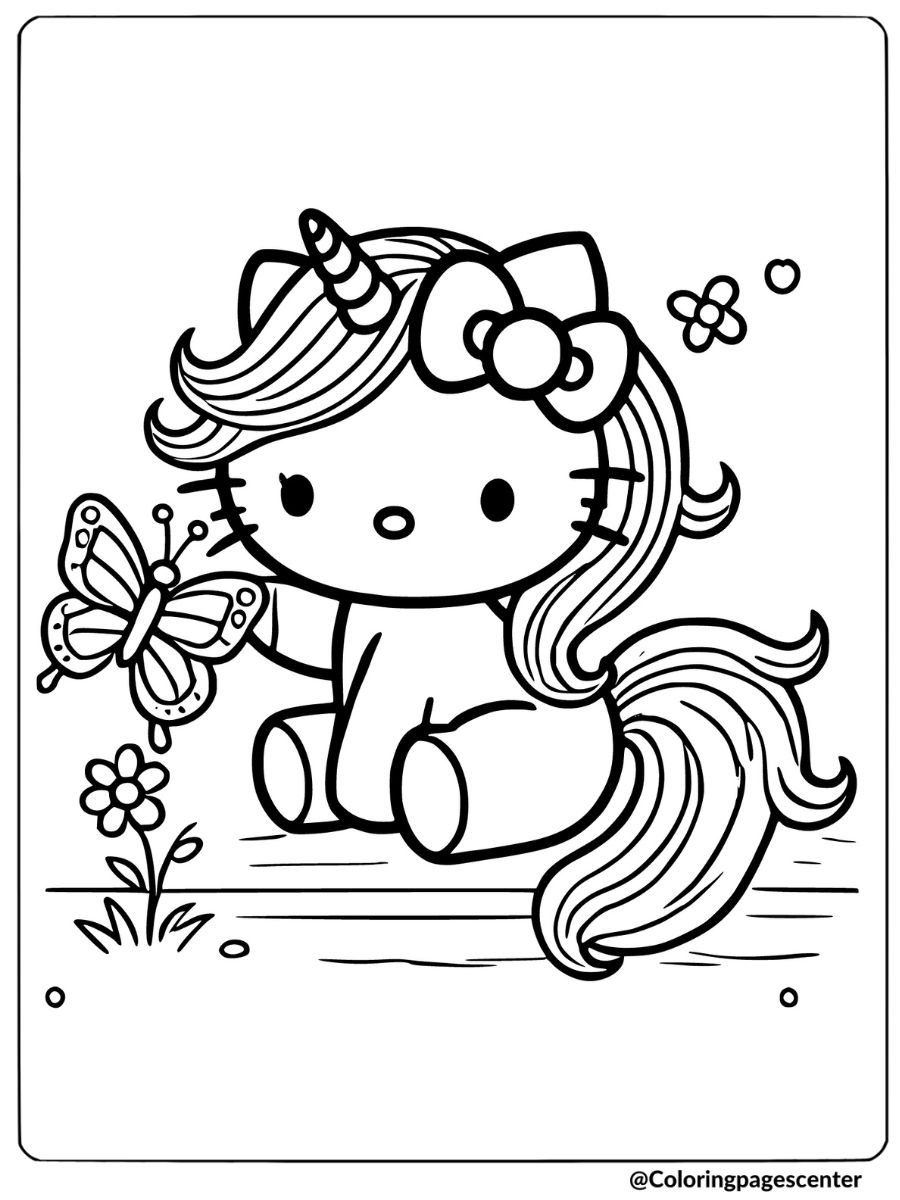 Butterfly and unicorn hello kitty coloring page