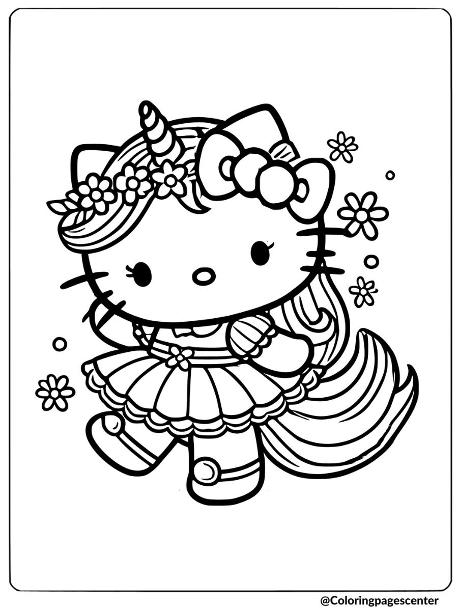 Flower crown unicorn hello kitty coloring page