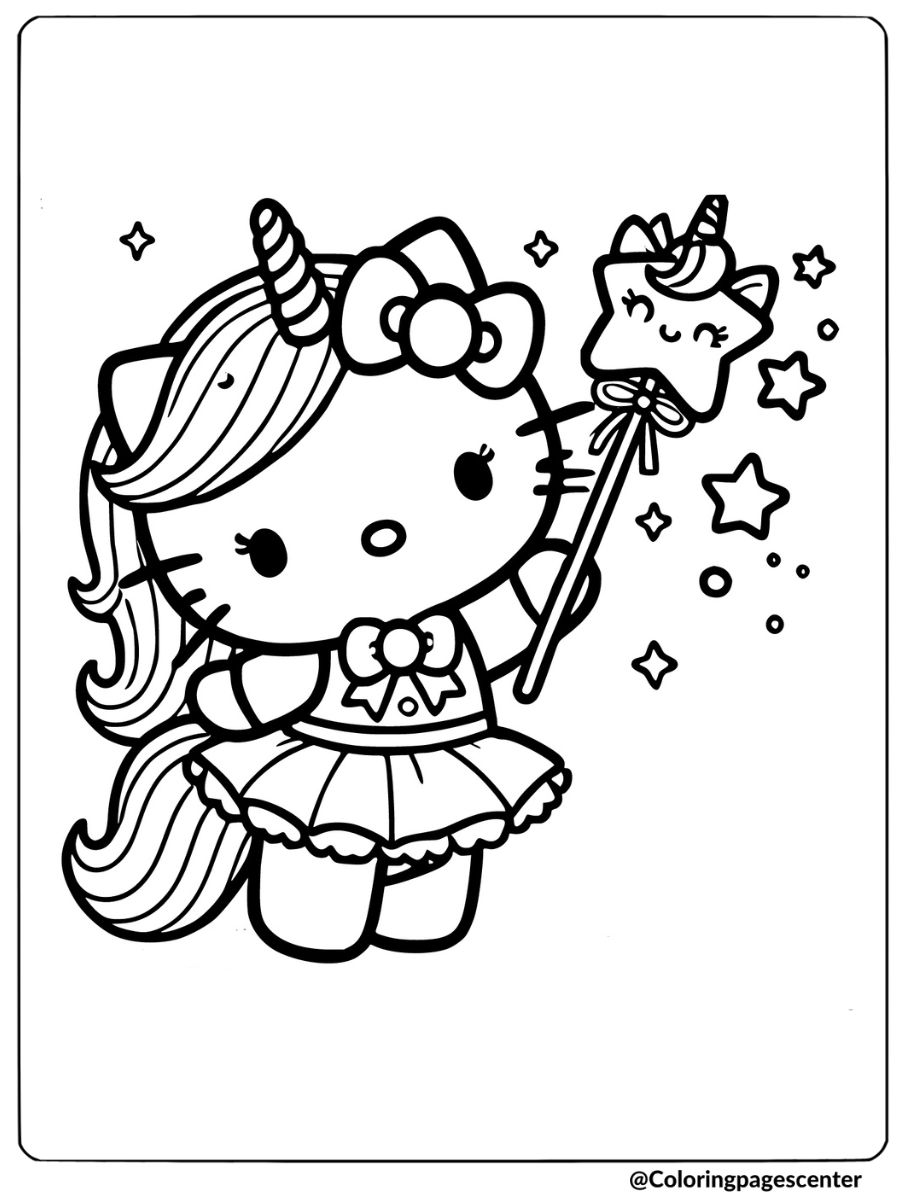 Magical unicorn hello kitty wand coloring page