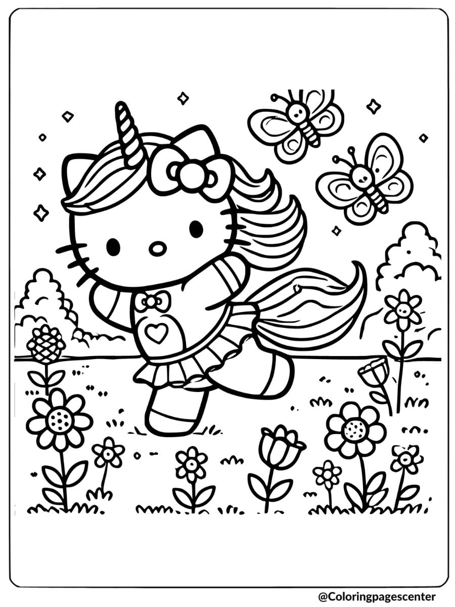 Garden fun with unicorn hello kitty coloring page