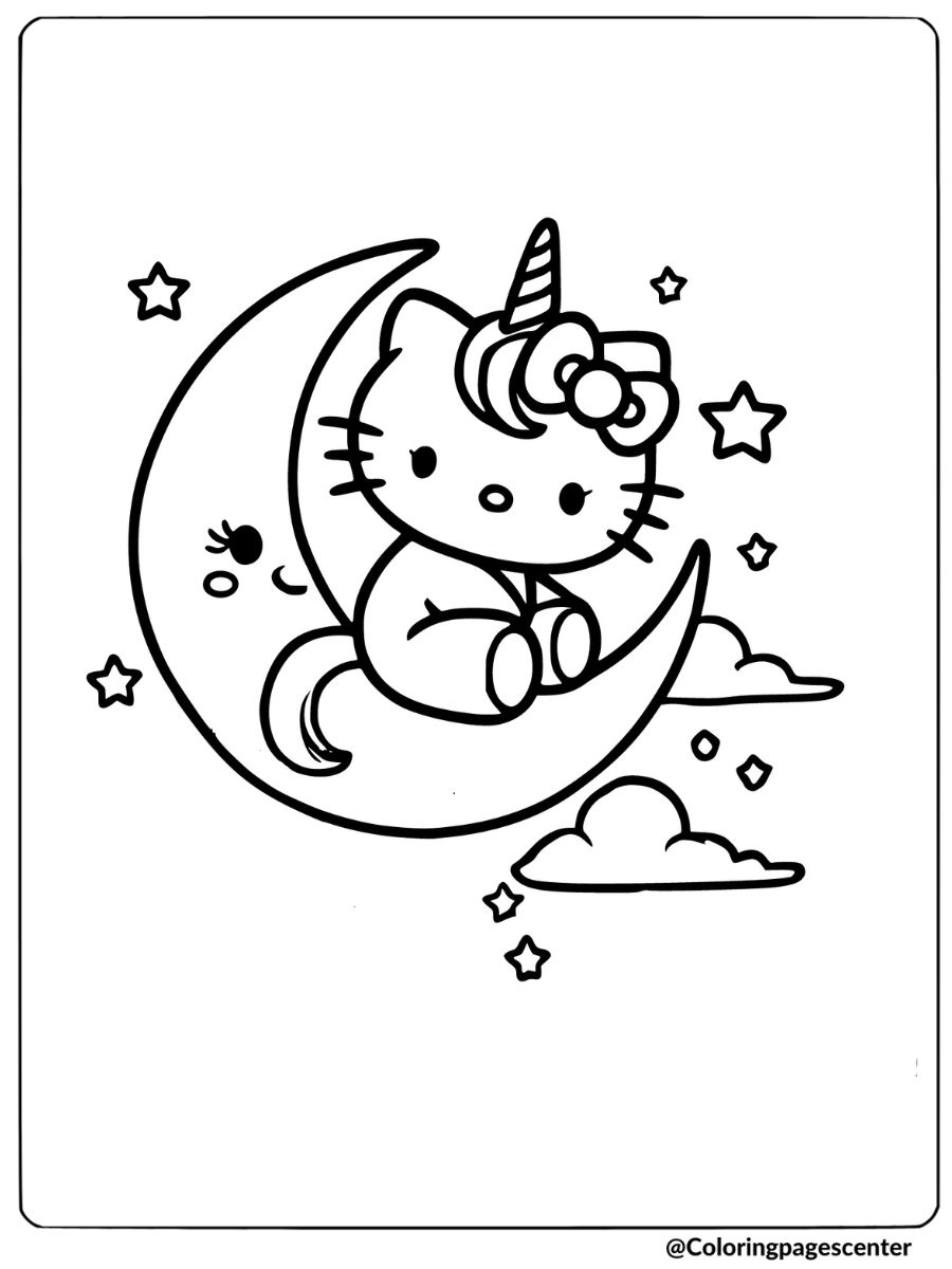 Crescent moon unicorn hello kitty coloring page