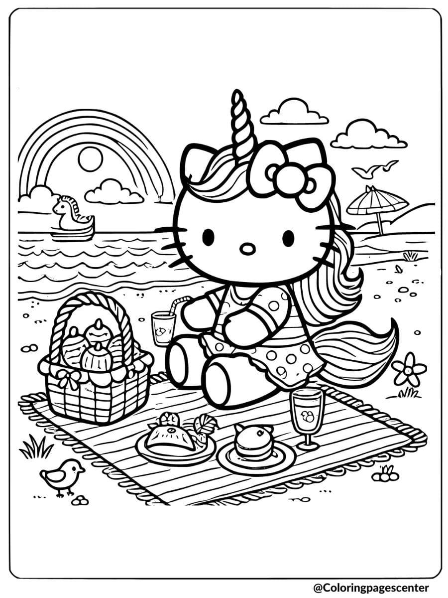 Beach picnic with unicorn hello kitty coloring page