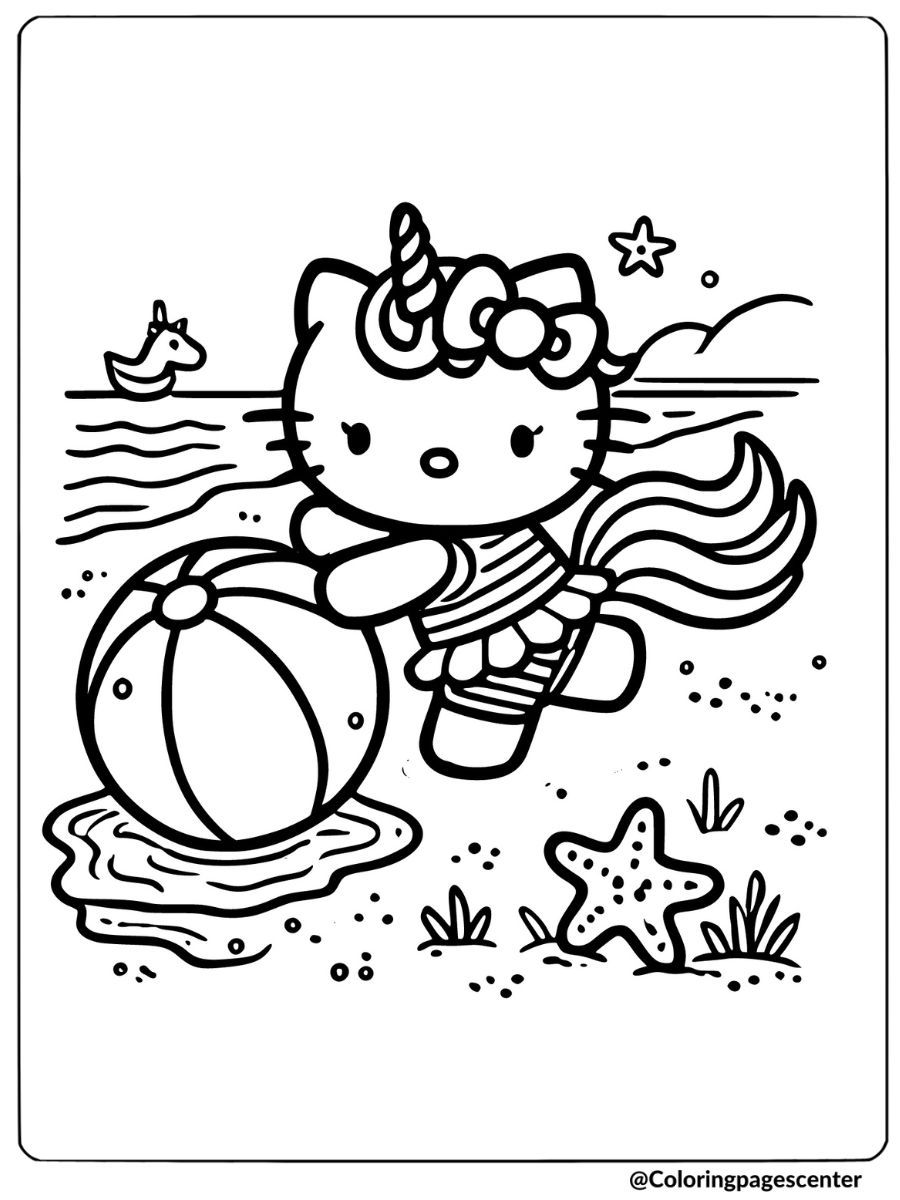 Beach ball fun with unicorn hello kitty coloring page