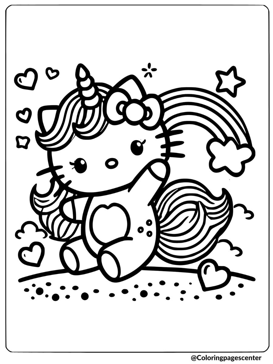 Rainbow and hearts with unicorn hello kitty coloring page