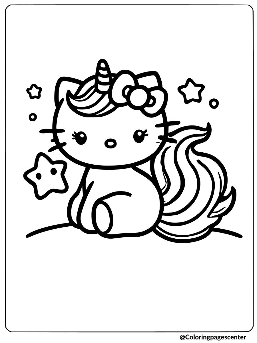 Sitting unicorn hello kitty with stars coloring page