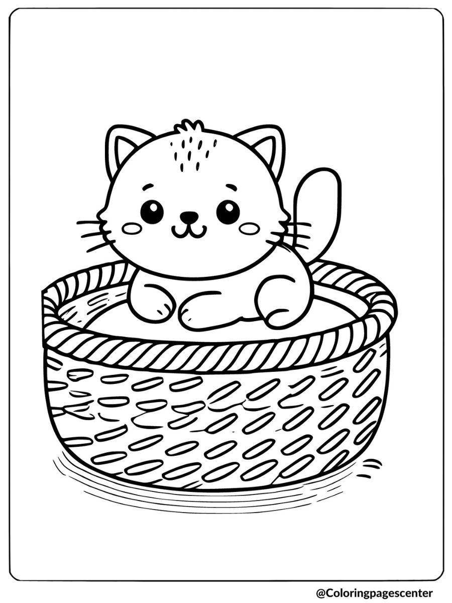 Cozy kitten sitting in a basket coloring page