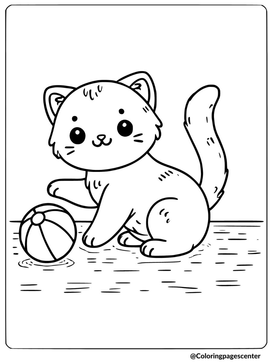 Coloring page of kitty playing with a ball