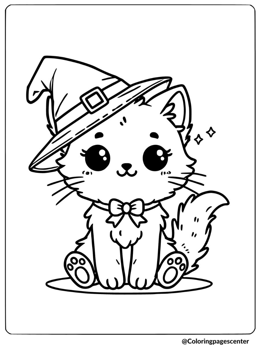 Coloring page of Kitty wearing a witch hat