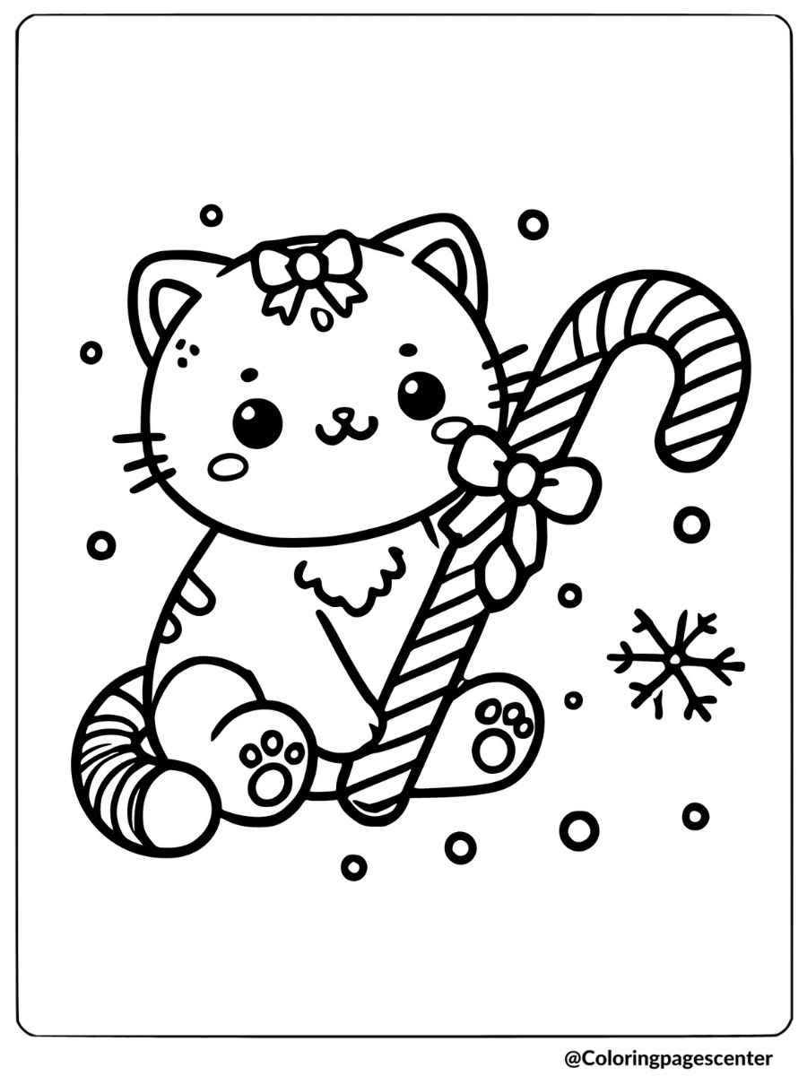 Christmas kitty holding a candy cane coloring page