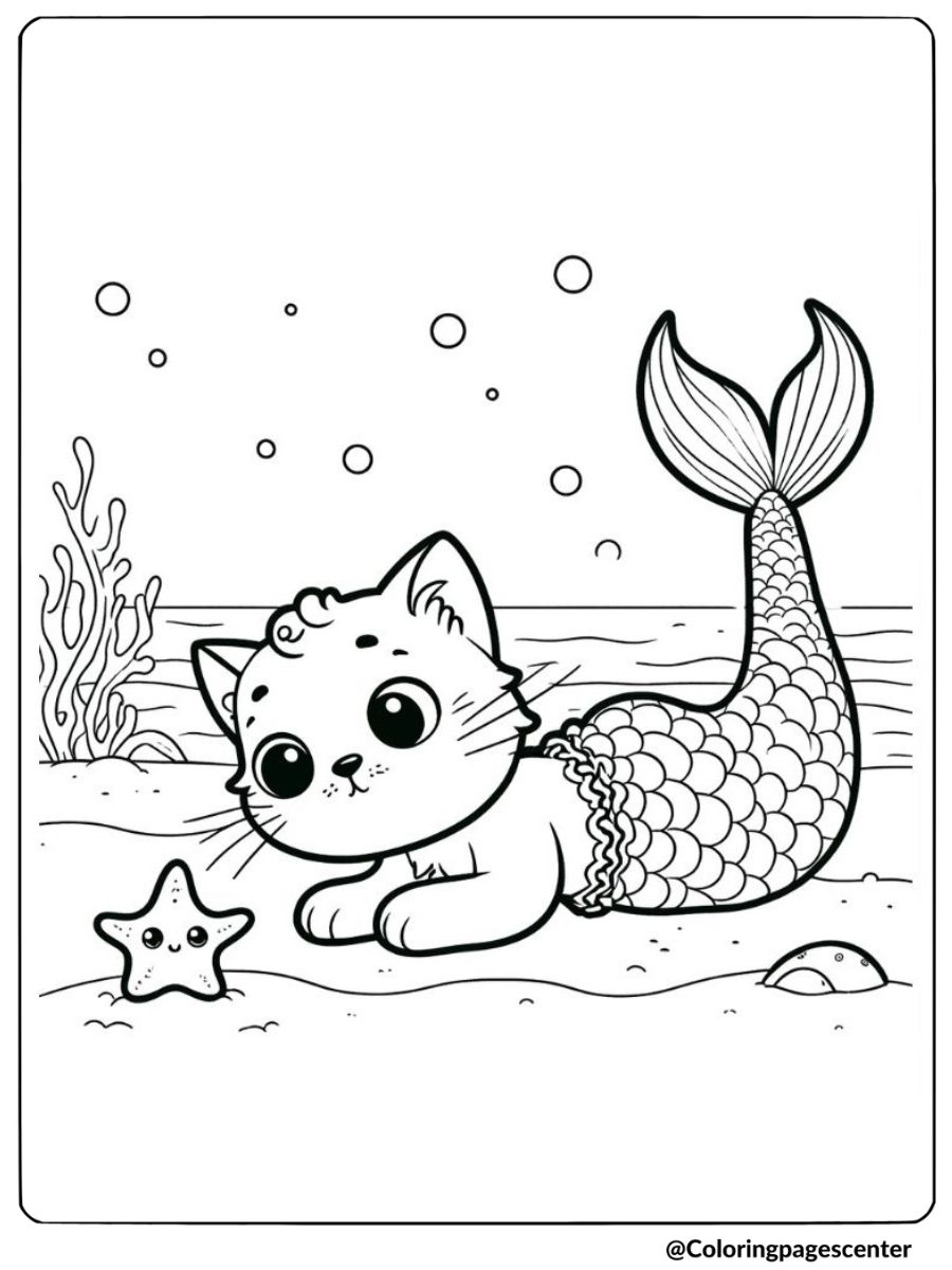 Curious mermaid cat looking at a starfish on the ocean floor coloring page